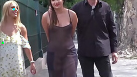 Hot slave in see through dress in public