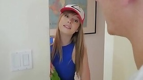 Cute stepsister playing Pokemon Go and fucks with stepbro