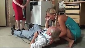 Granny catches blonde teen babe sucks cock